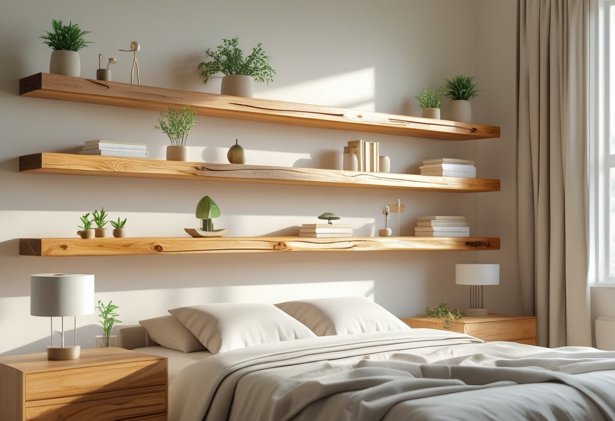 A bedroom with wooden floating shelves on the wall holding plants, books, and decorations above a bed.