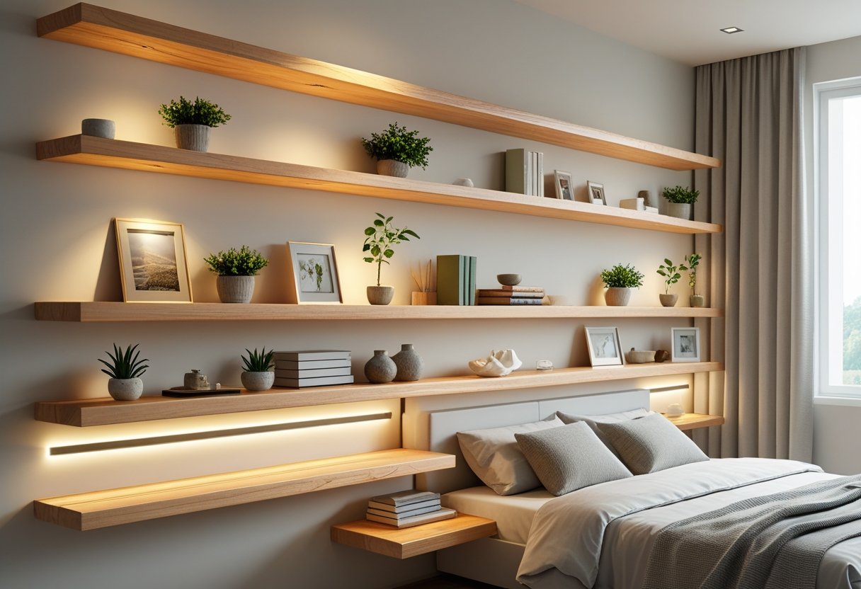 A bedroom with wooden floating shelves on the wall holding plants, books, and decorative items above a neatly made bed.