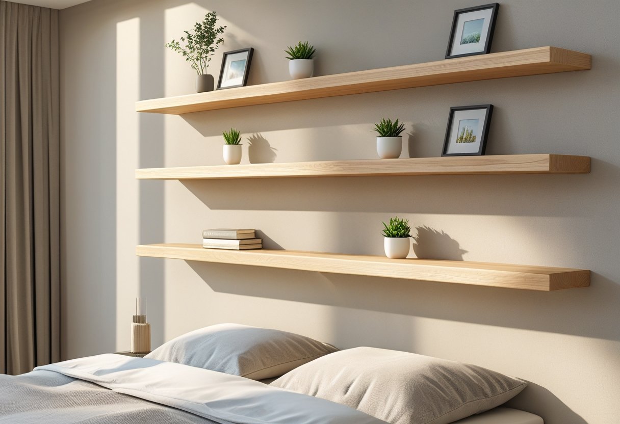 A bedroom with wooden floating shelves on the wall holding plants, books, and photos above a neatly made bed.