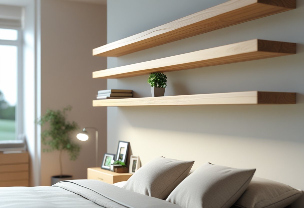 A bedroom wall with wooden floating shelves holding books, plants, and decorations above a neatly made bed.