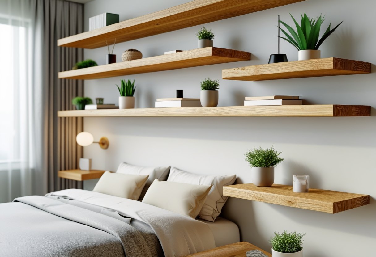 A bedroom with wooden floating shelves on the wall holding plants, books, and decorative items above a neatly made bed.