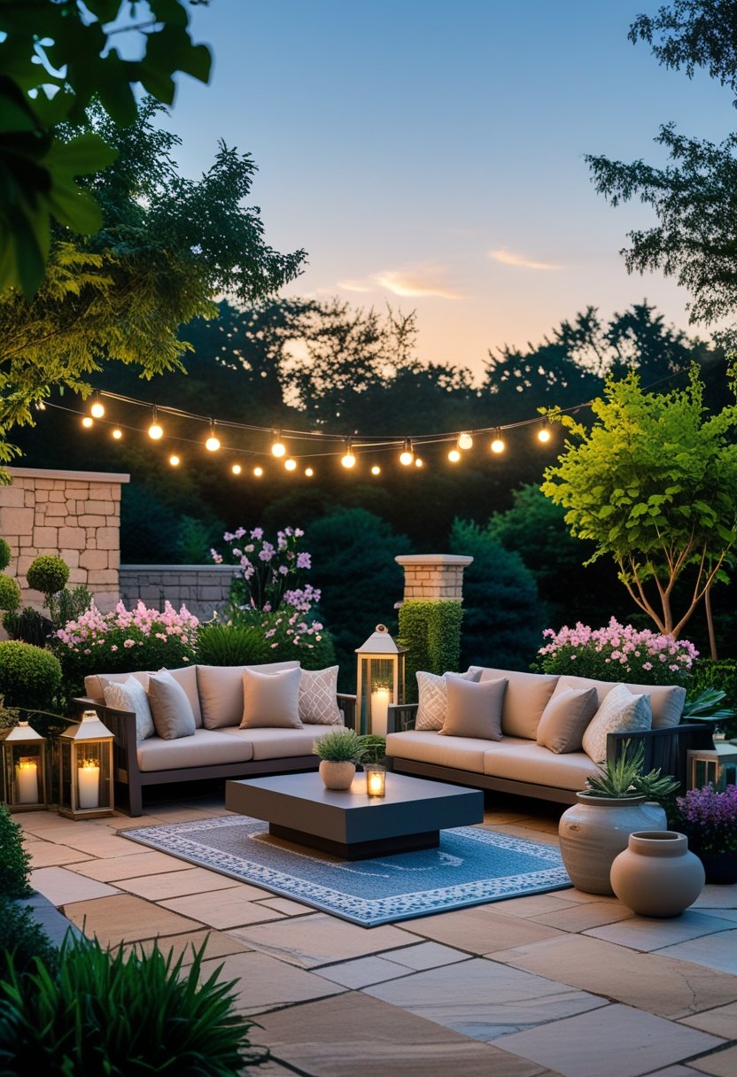 Outdoor patio with cushioned seating, coffee table, plants, and soft lighting at sunset.