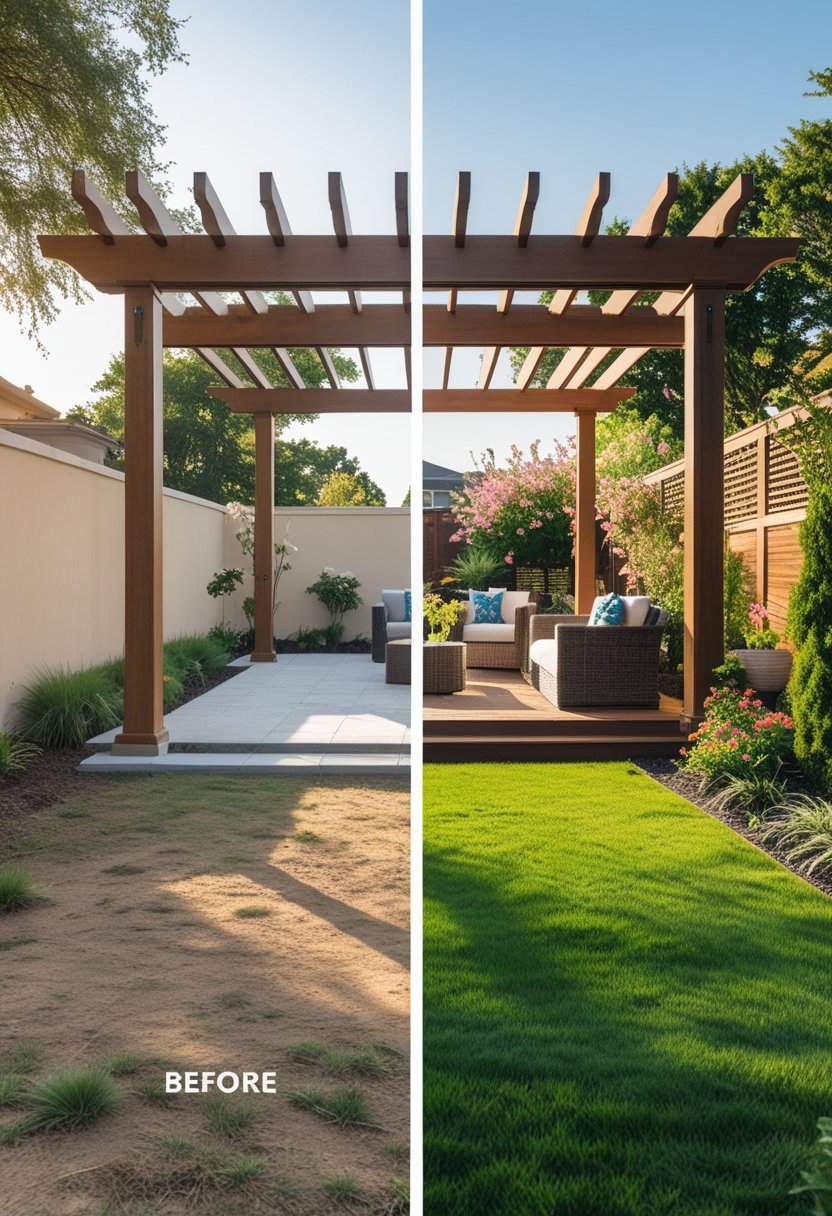 A split view of a backyard showing an empty yard on one side and a landscaped yard with a wooden pergola and plants on the other.