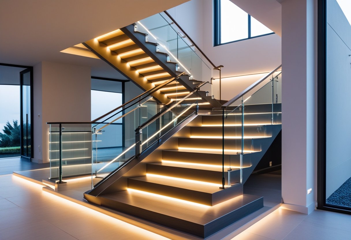 A modern staircase with geometric design and integrated LED lighting in a bright, minimalistic interior.