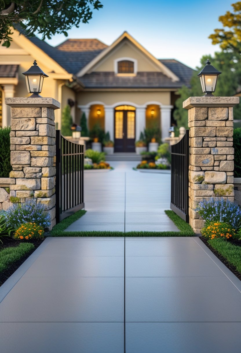 A clean driveway entrance with rustic stone pillars and greenery leading to a house.