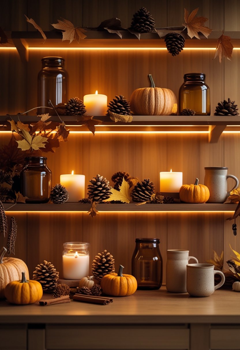 A kitchen shelf decorated with autumn items like pumpkins, pine cones, candles, and mugs, illuminated by warm lighting.