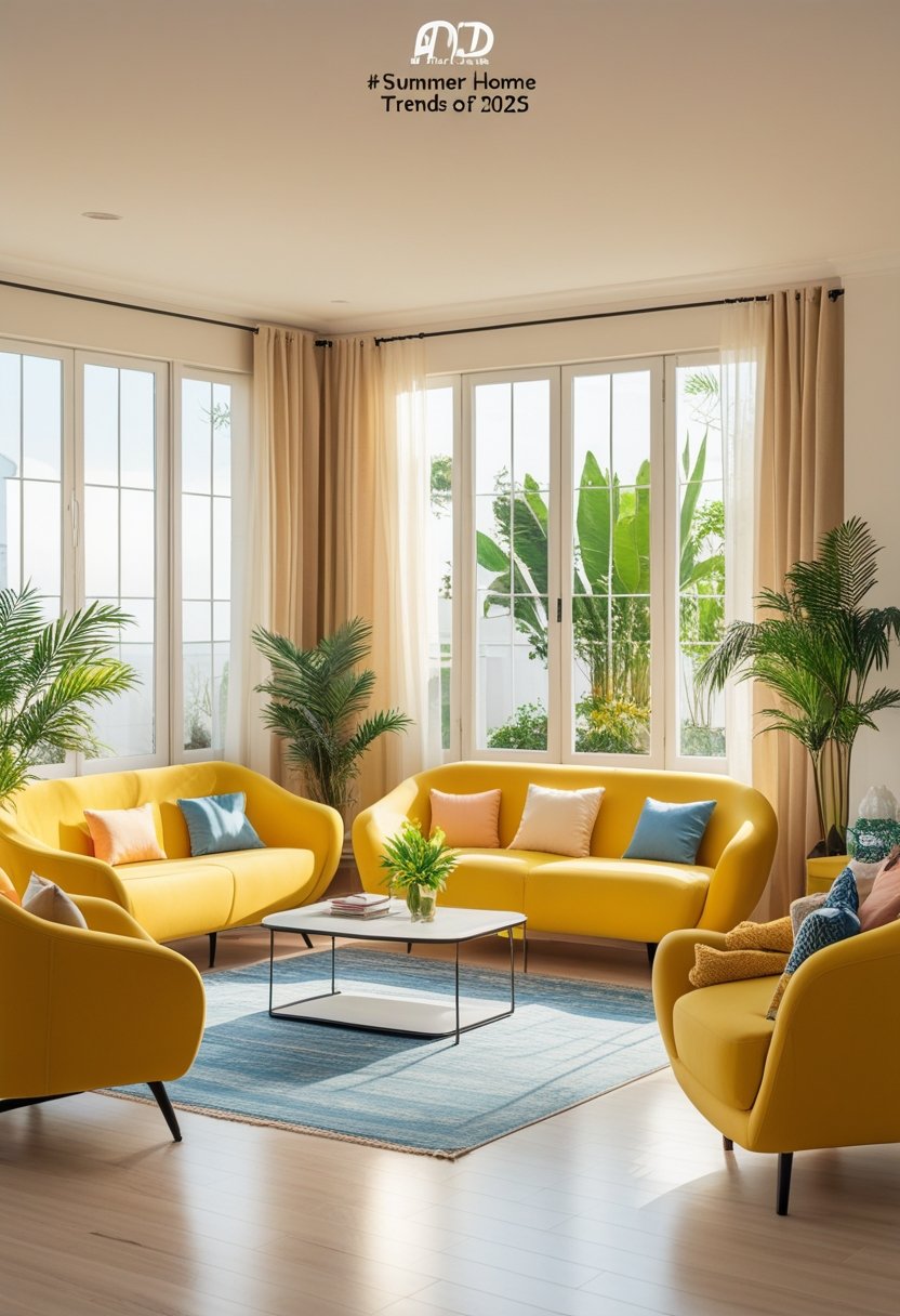 A bright living room with curved sofas, a coffee table, indoor plants, and large windows letting in natural light.