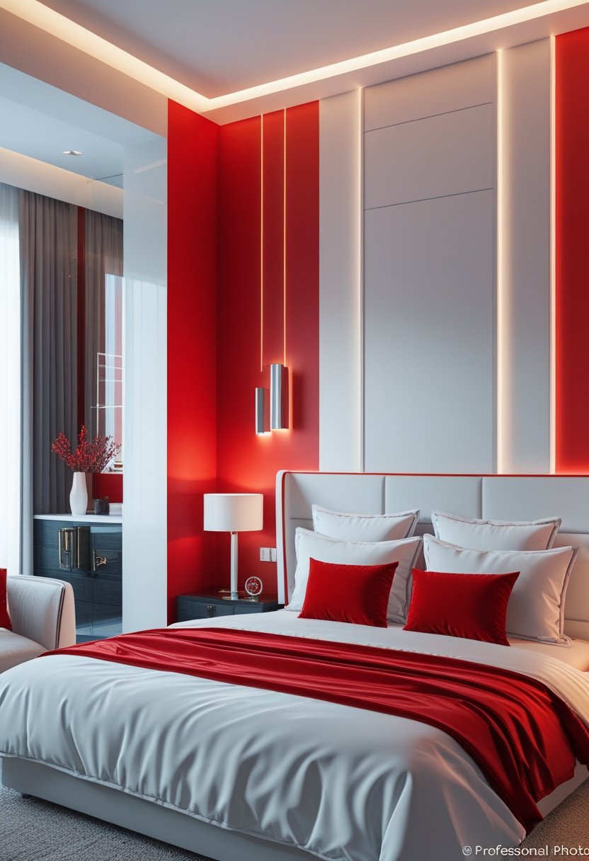 A modern bedroom with a red statement wall, white walls, a neatly made bed with red and white bedding, and soft ambient lighting.