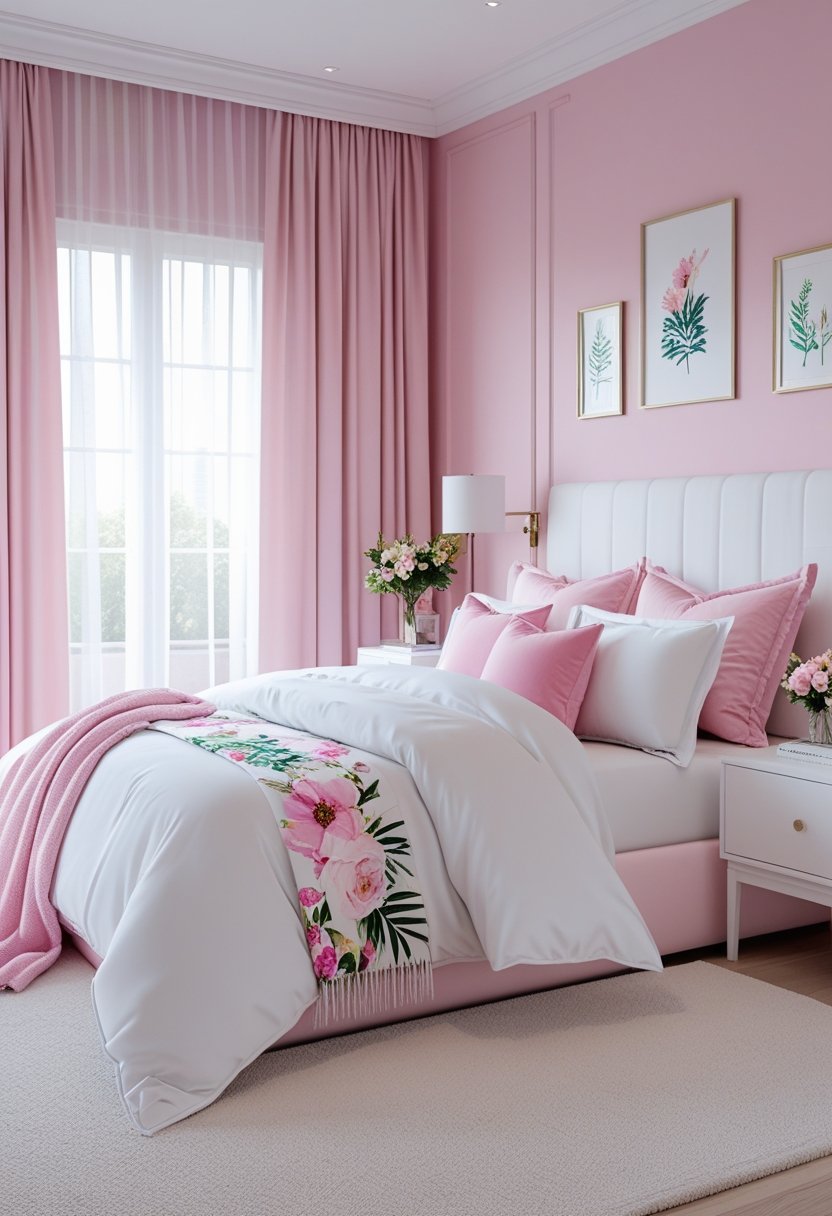 A bedroom with pink walls, a white bed with pink pillows and floral blanket, a nightstand with a lamp and flowers, and sheer curtains letting in natural light.