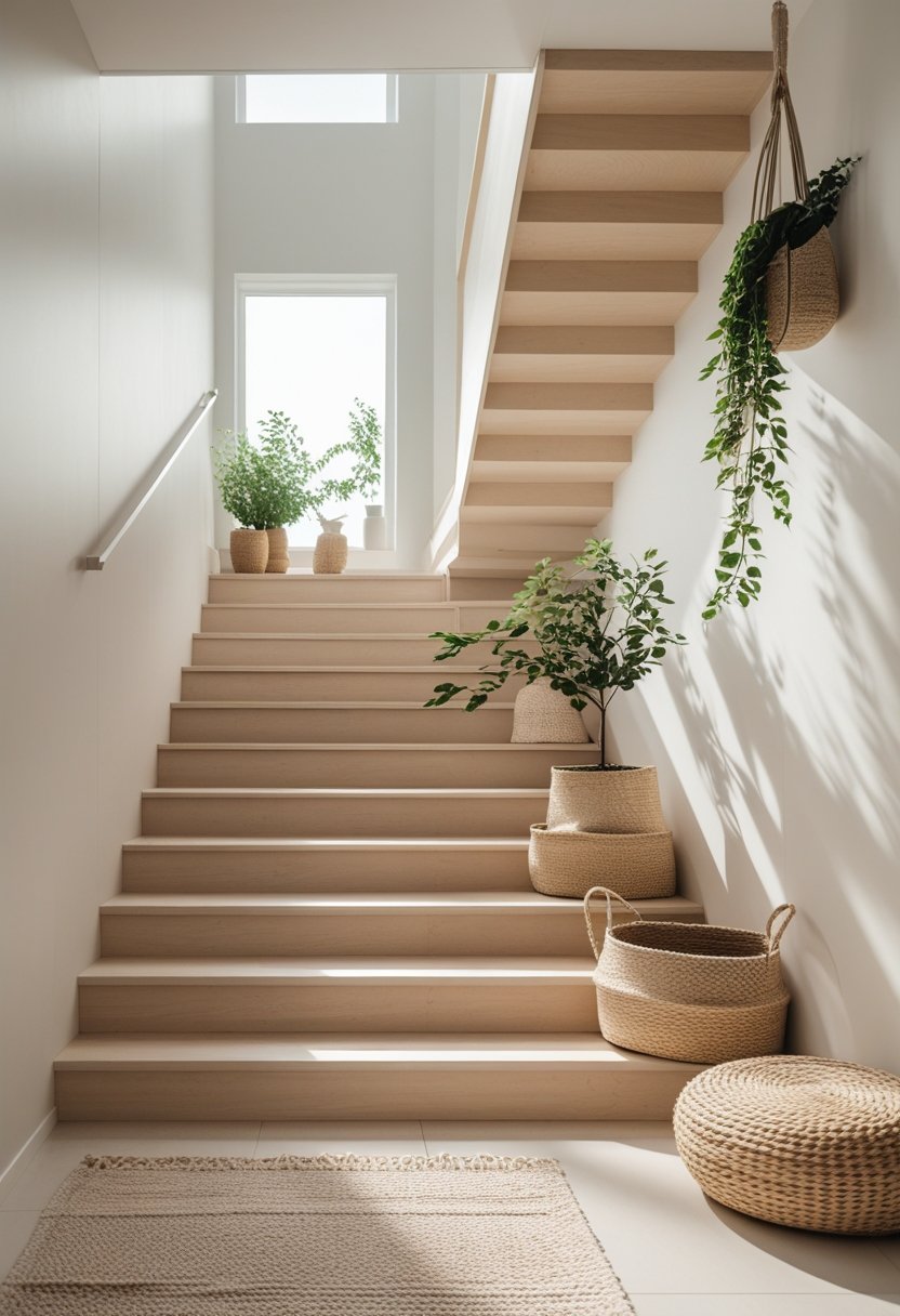 A modern staircase with light wood steps and potted plants beside it in a bright, neutral room.