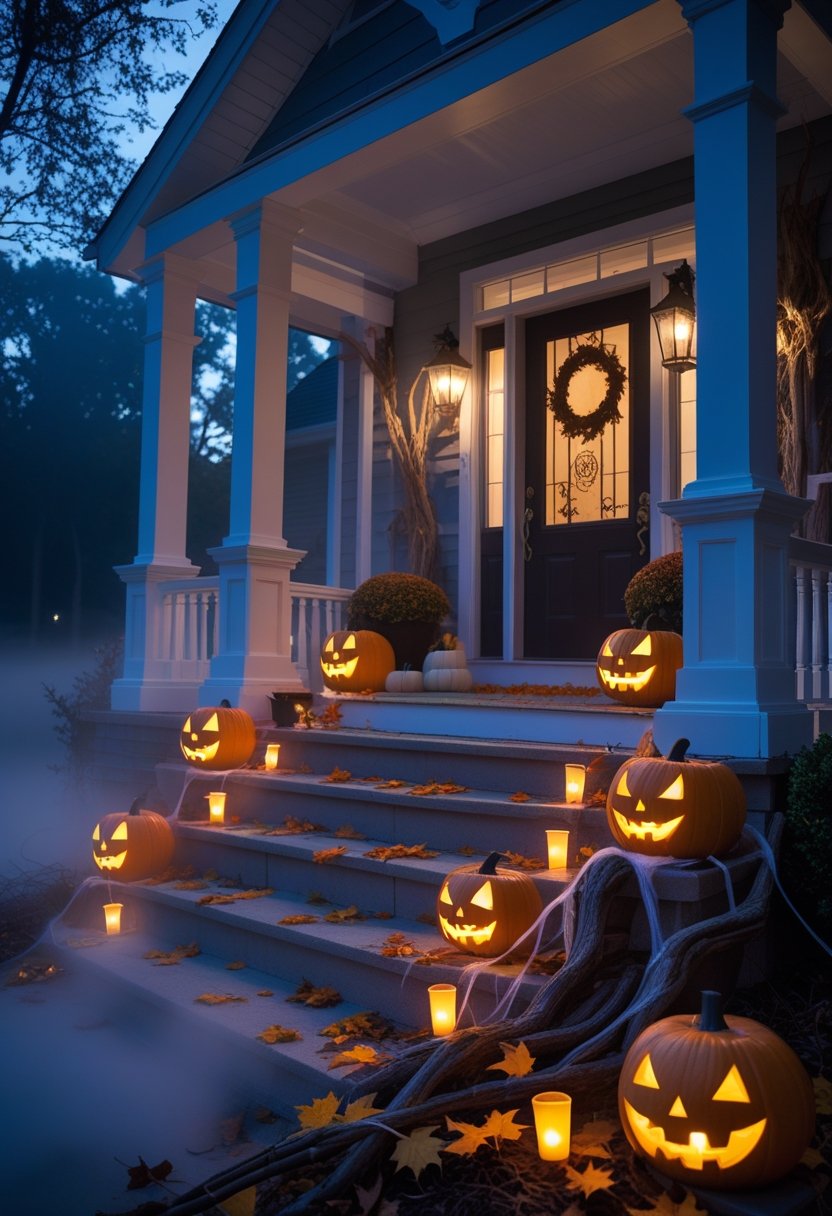 A front porch decorated with glowing carved pumpkins, cobwebs, autumn leaves, and soft fog creating a spooky Halloween scene at dusk.