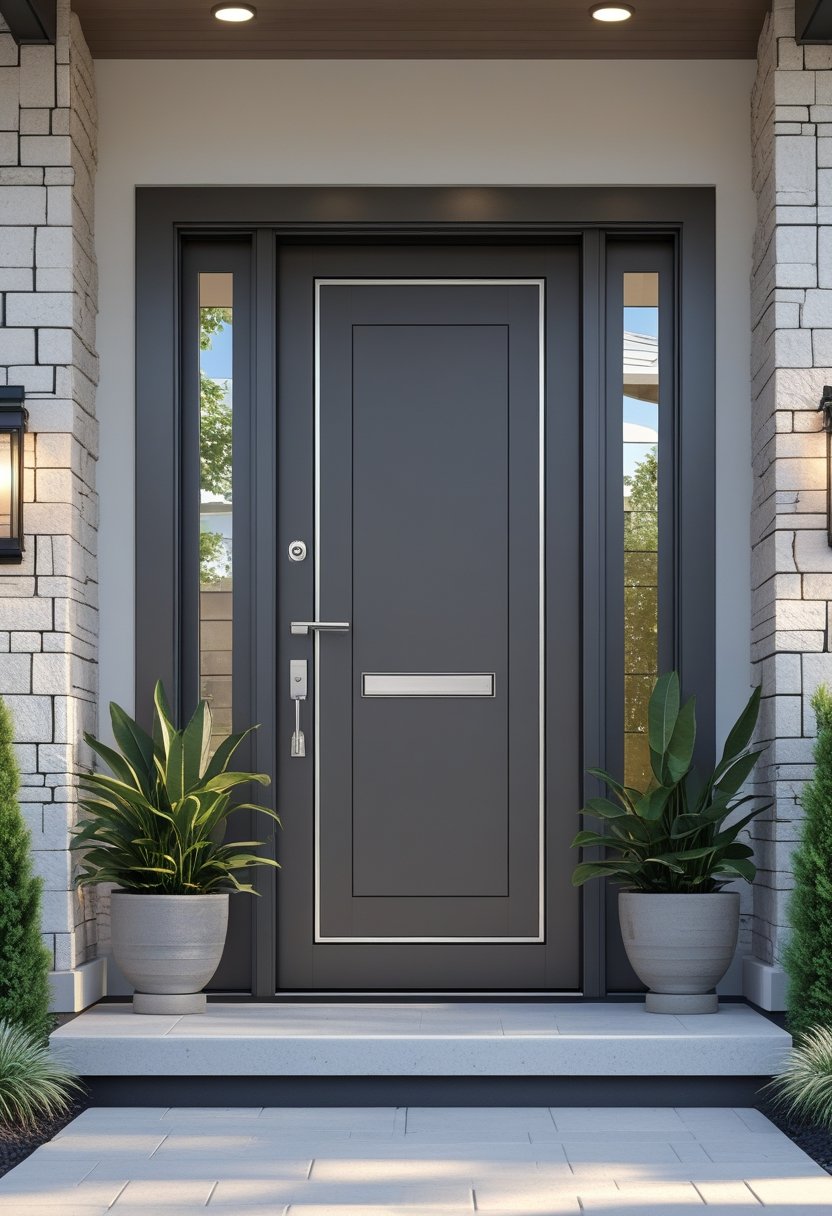 A modern home entryway with a sleek aluminum security door, stone accents, outdoor lighting, and potted plants.