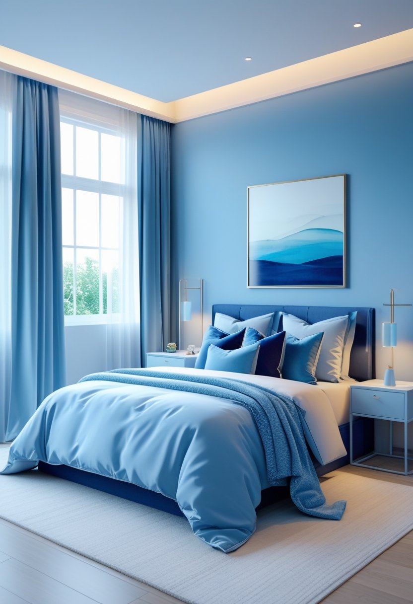 A neatly arranged bedroom with a blue color scheme, featuring a made bed, soft lighting, and minimalist furniture.