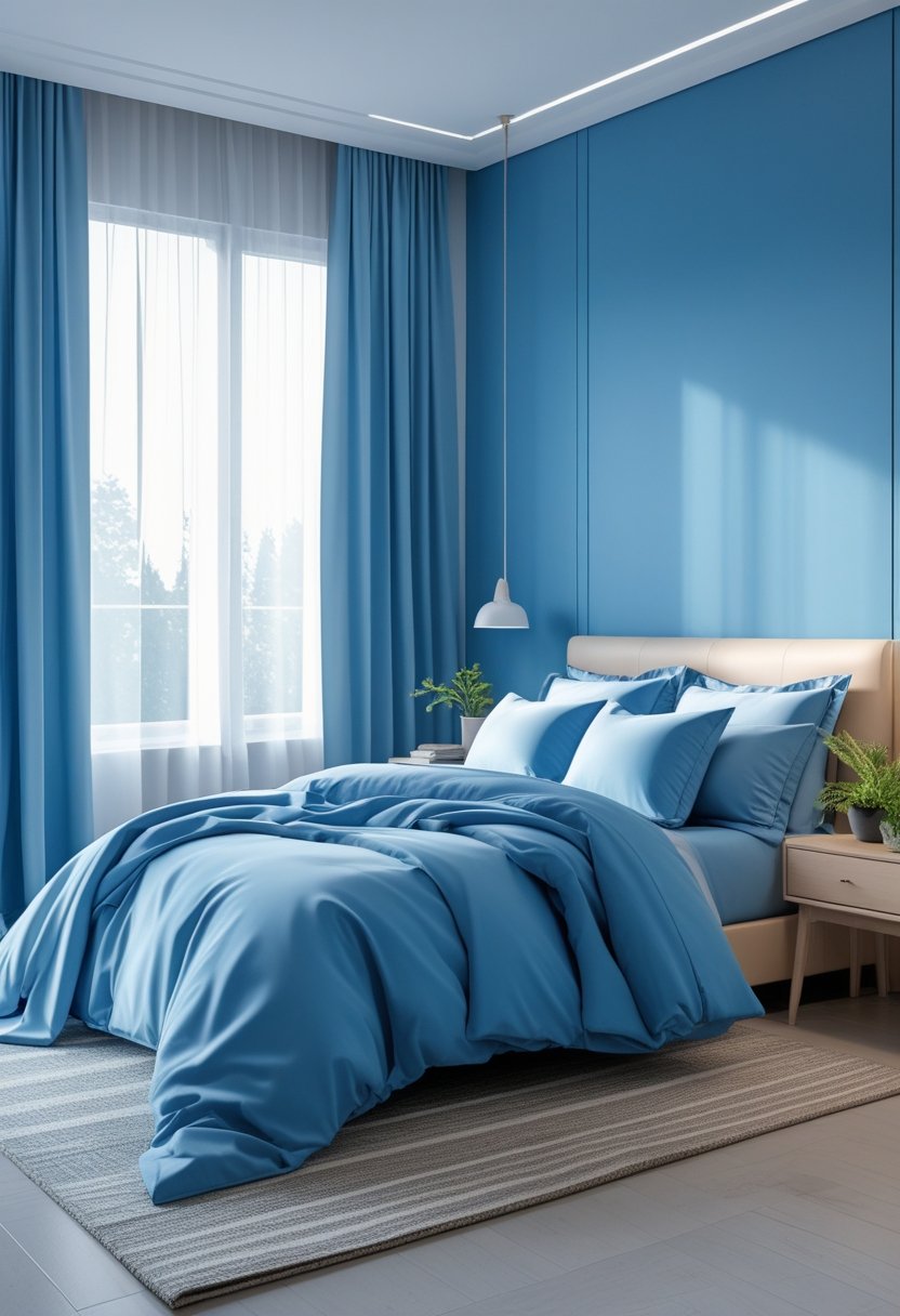 A neatly arranged bedroom with blue walls, a made bed with blue bedding, a bedside table with a lamp and plant, and natural light coming through the window.