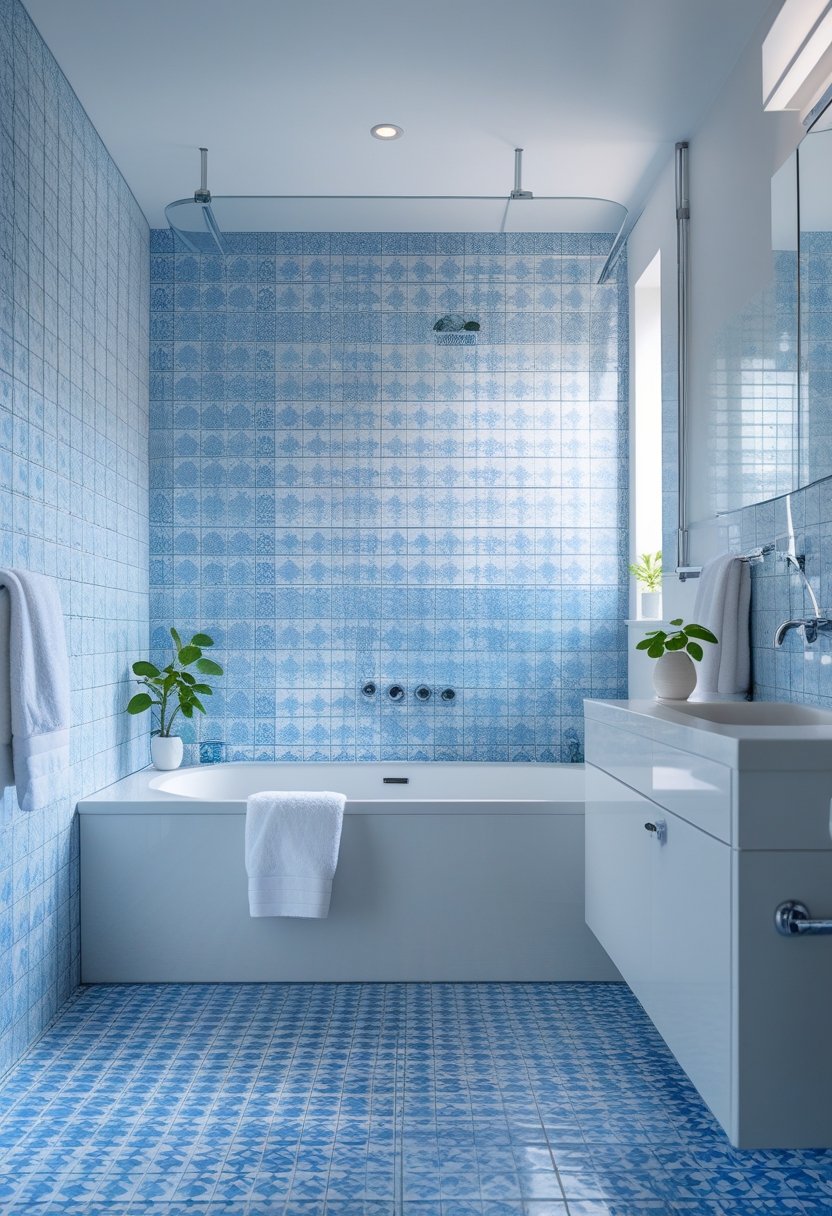 A bathroom with blue and white tiles, a white bathtub, a green plant, and white towels arranged neatly.