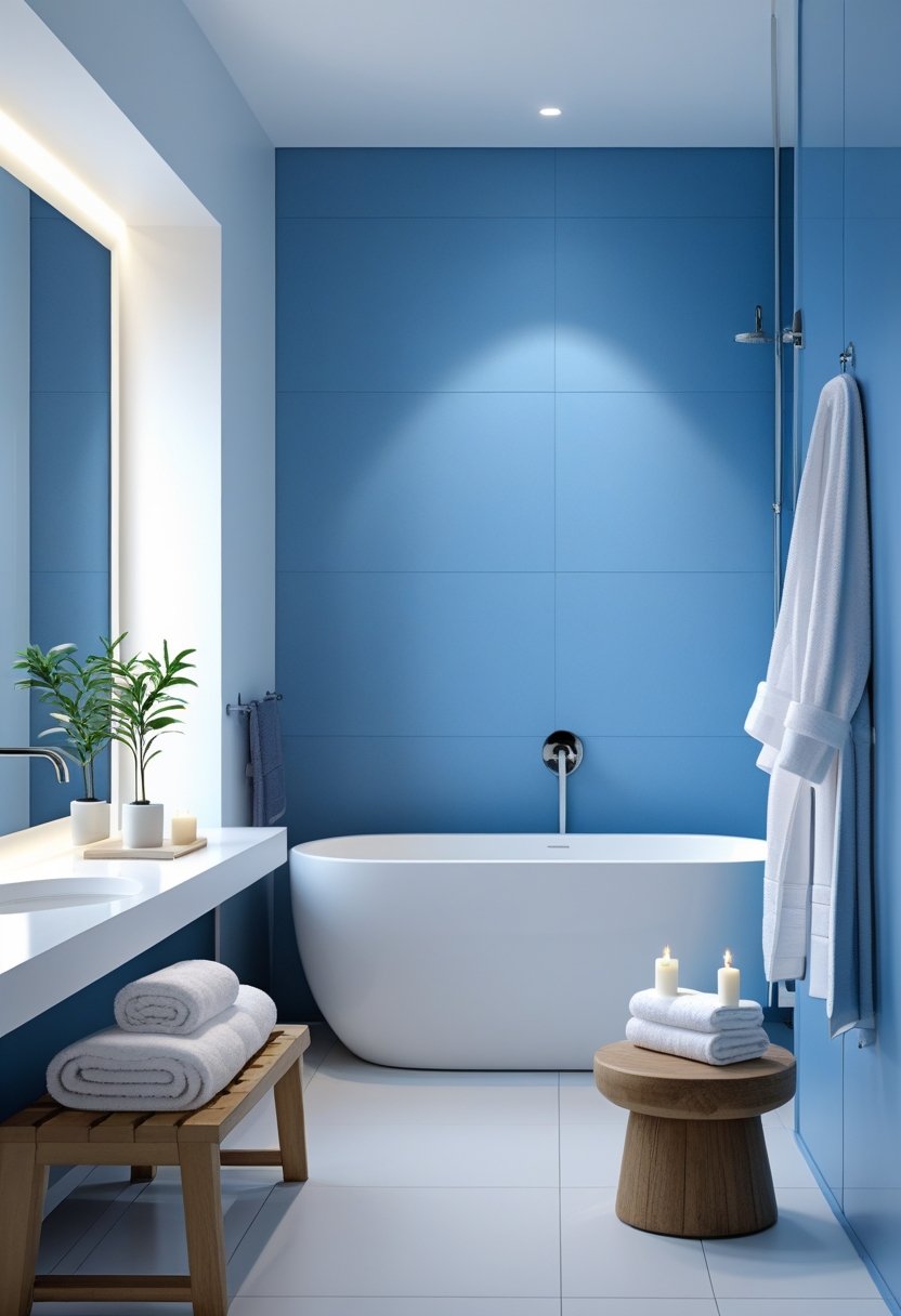 A bathroom with a white bathtub, blue accent wall, towels, plants, and candles creating a calm and inviting atmosphere.
