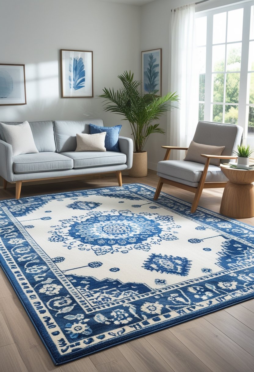 A bright living room with a blue and white patterned area rug on a wooden floor, surrounded by a sofa, coffee table, and armchair.