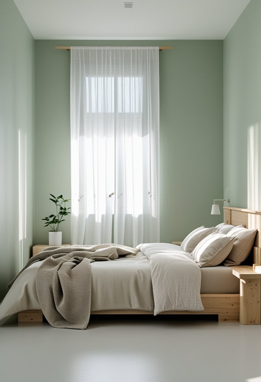 A neatly made bed in a softly lit bedroom with sage green walls, natural wood furniture, and a small potted plant on the bedside table.