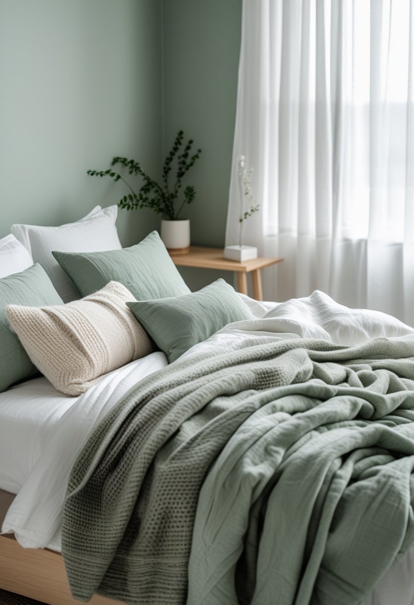 A cozy bedroom with a neatly made bed layered with blankets and pillows, soft natural light, and simple wooden furniture.