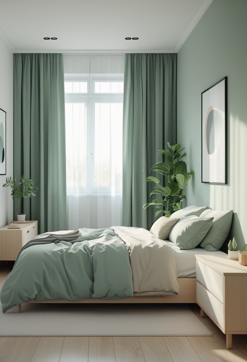 A cozy bedroom with a sage green color scheme, a bed, wooden nightstand, storage unit, and soft natural lighting.