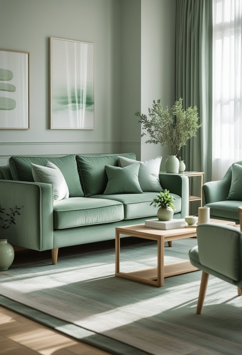 A living room with a sage green sofa, armchair, wooden coffee table, and natural light coming through sheer curtains.
