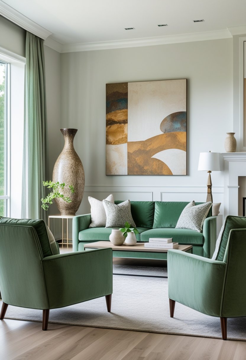 A living room with sage green sofa and armchairs, large windows letting in natural light, a coffee table with books and a small plant, and decorative elements including a painting and a ceramic vase.