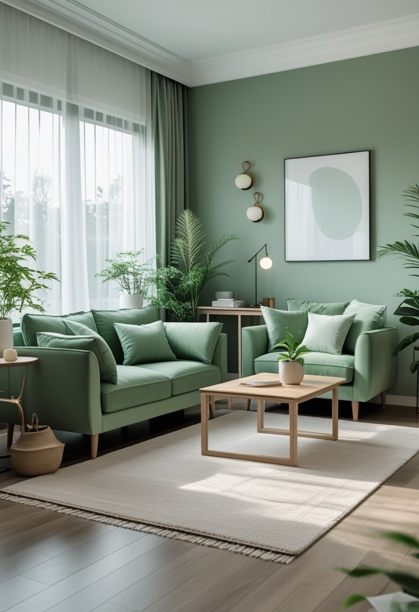 A living room with sage green walls, a green sofa, wooden coffee table, plants, and large windows letting in natural light.