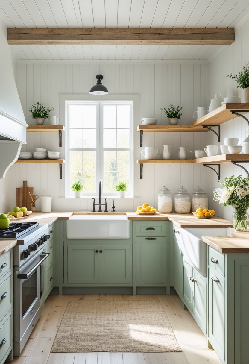A bright kitchen with sage green cabinets, open shelves displaying dishes and plants, a farmhouse sink under a window, and a wooden island with fruit and flowers.