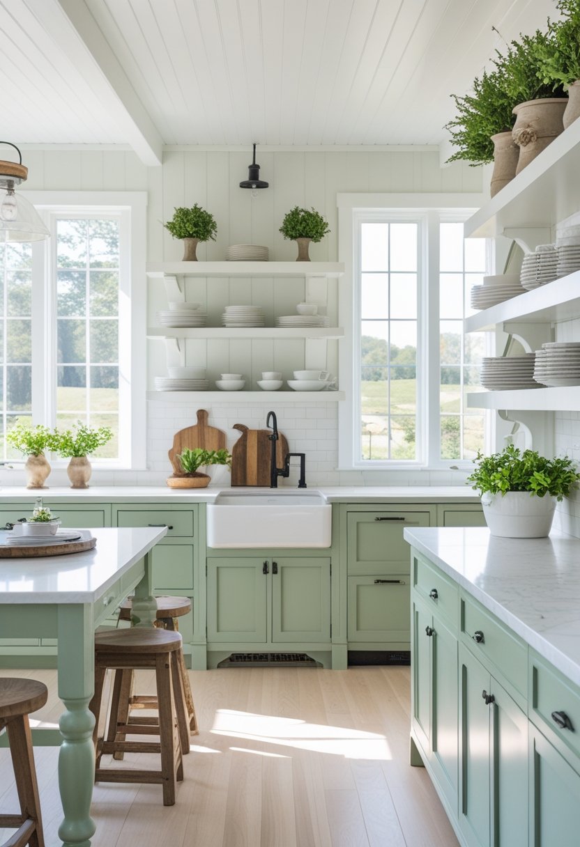 A bright kitchen with sage green cabinets, open shelves, wooden table, and natural light coming through large windows.