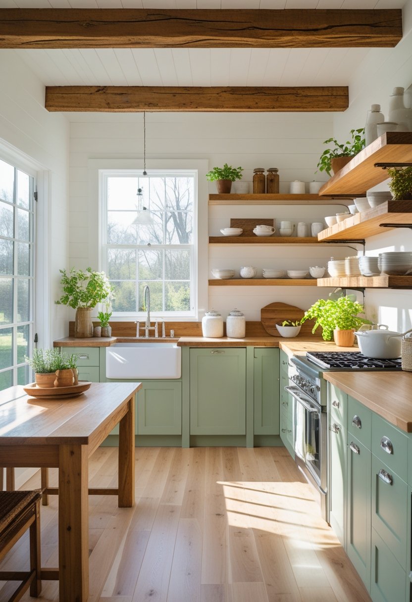 A bright kitchen with sage green cabinets, open wooden shelves, a wooden dining table, and sunlight streaming through large windows.