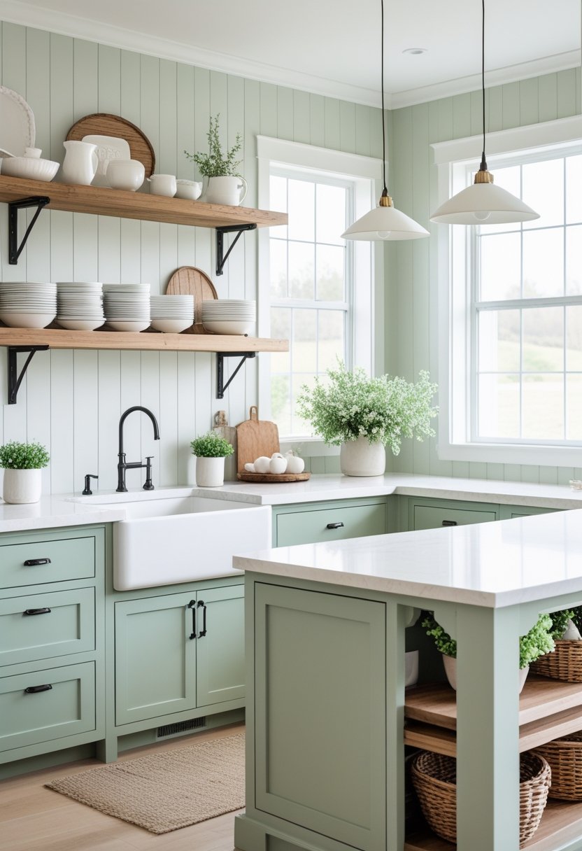 A bright kitchen with green cabinets, open shelves holding dishes, a marble island, and large windows letting in natural light.