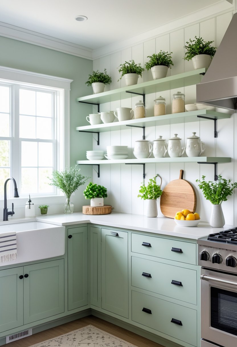 Bright kitchen with sage green cabinets and open shelves displaying dishes and plants.