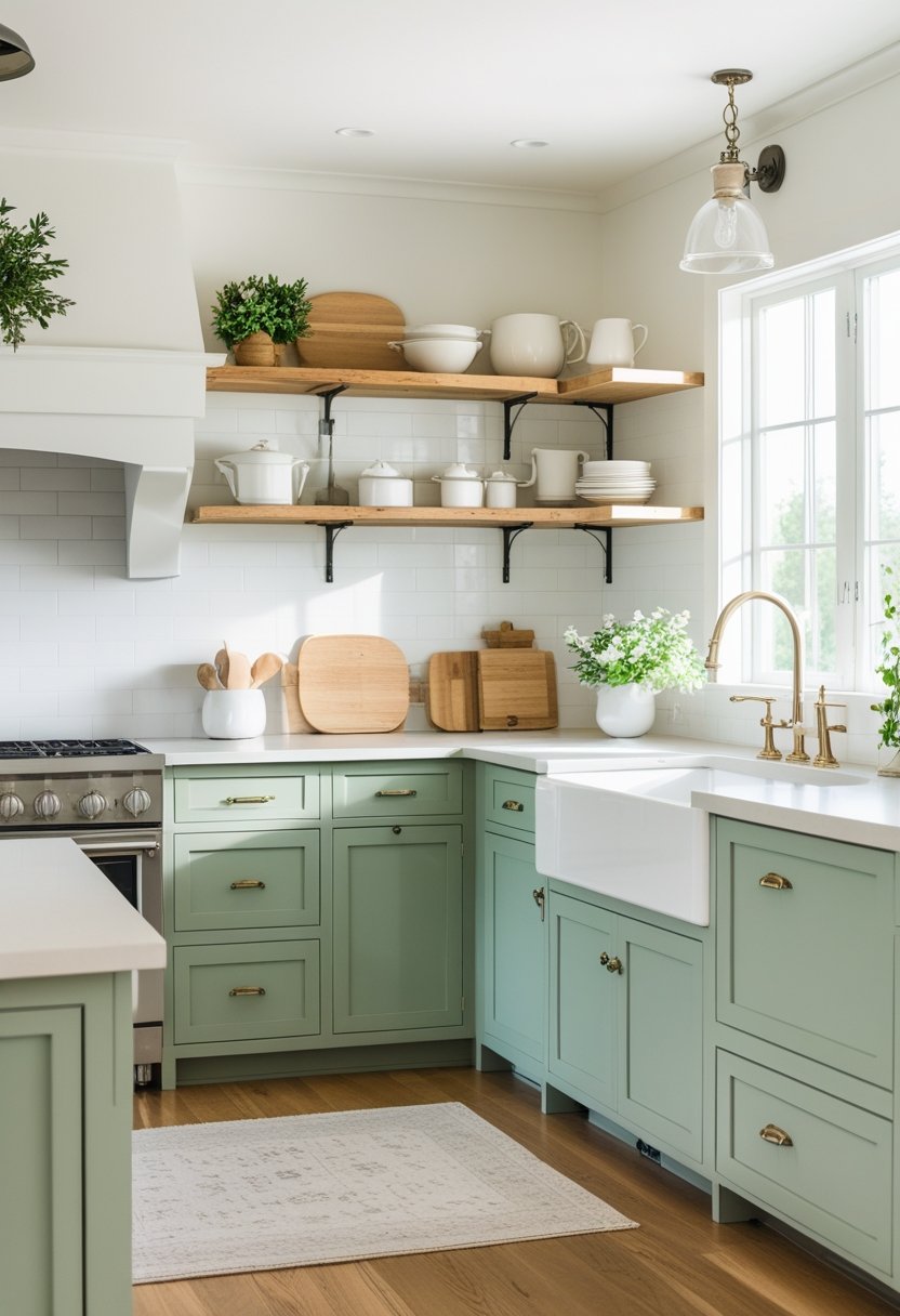 A bright kitchen with sage green cabinets, open shelves, and light countertops and backsplashes illuminated by natural light.