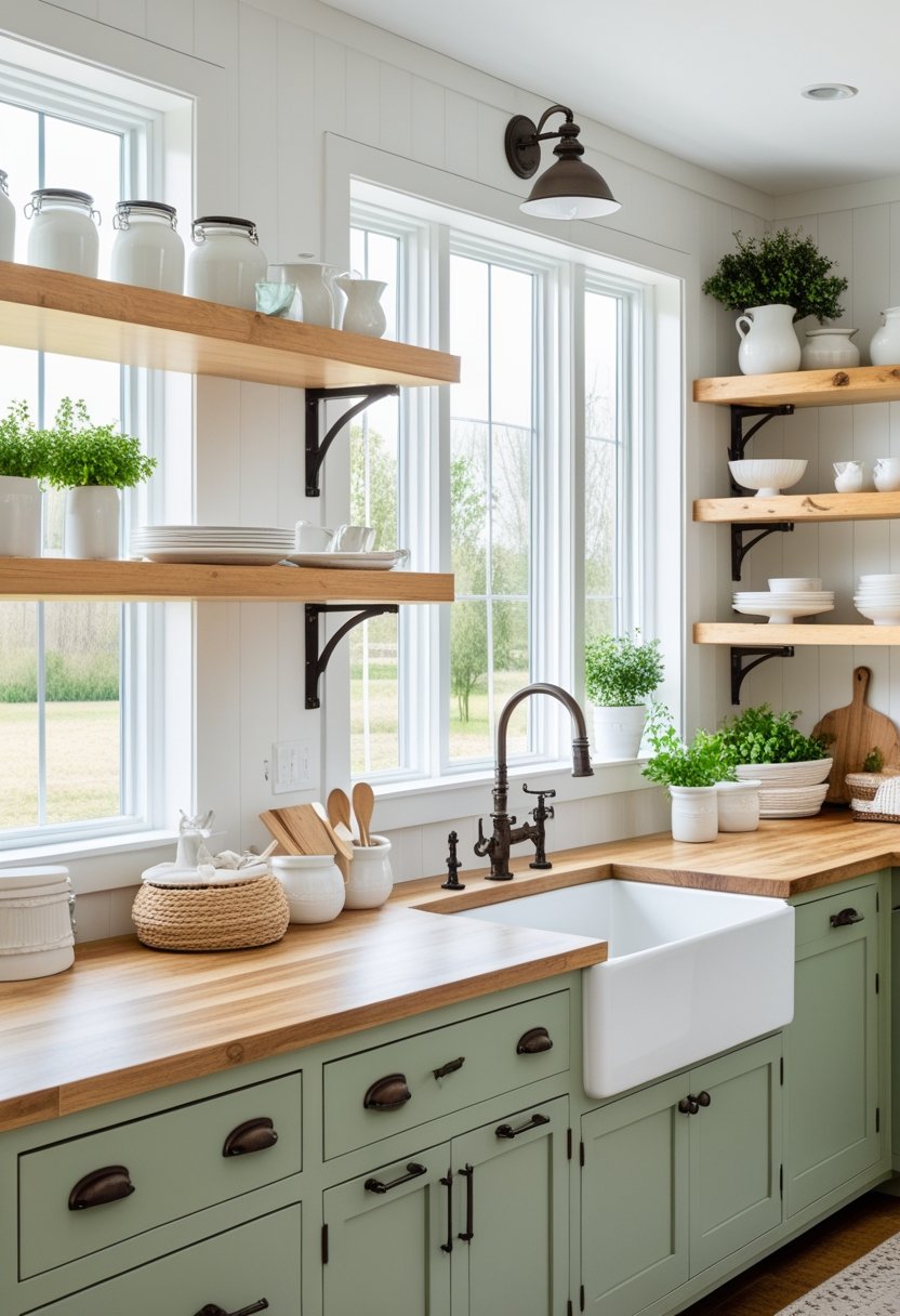 A bright kitchen with sage green cabinets, open shelves displaying dishes and plants, and a farmhouse sink.