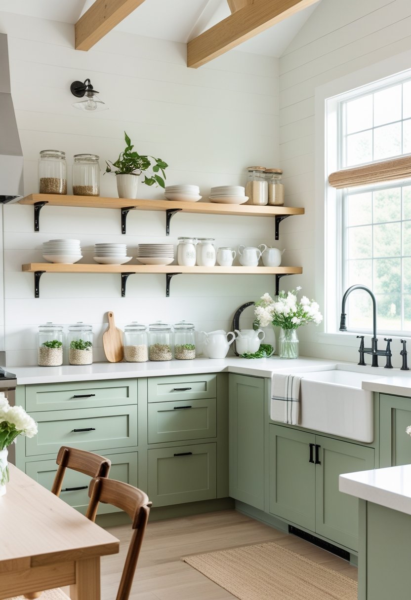 A bright kitchen with sage green cabinets, open shelves displaying dishes and plants, and a wooden dining table with flowers.