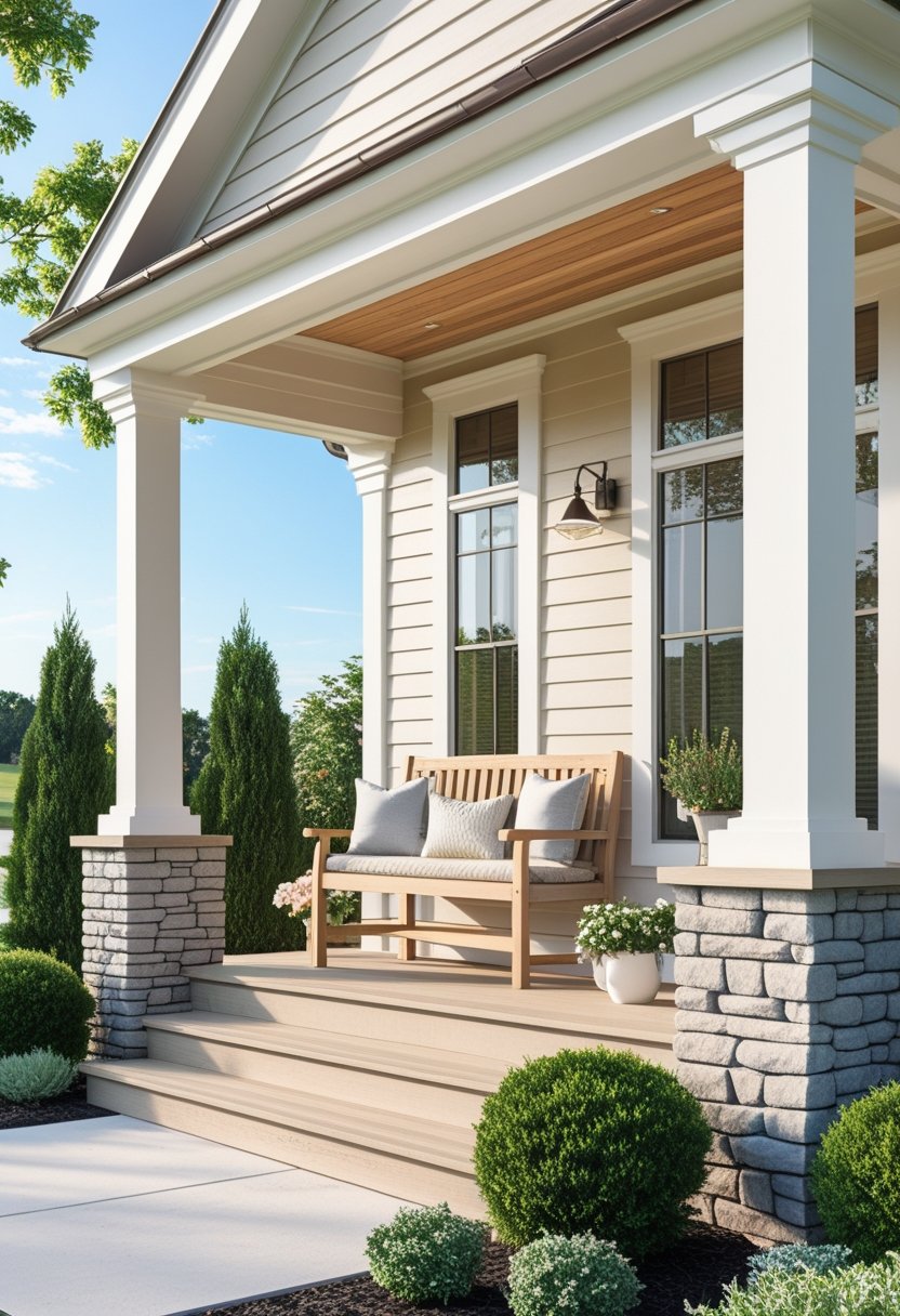 A front porch of a house with wooden columns, siding, outdoor furniture, and plants under natural daylight.