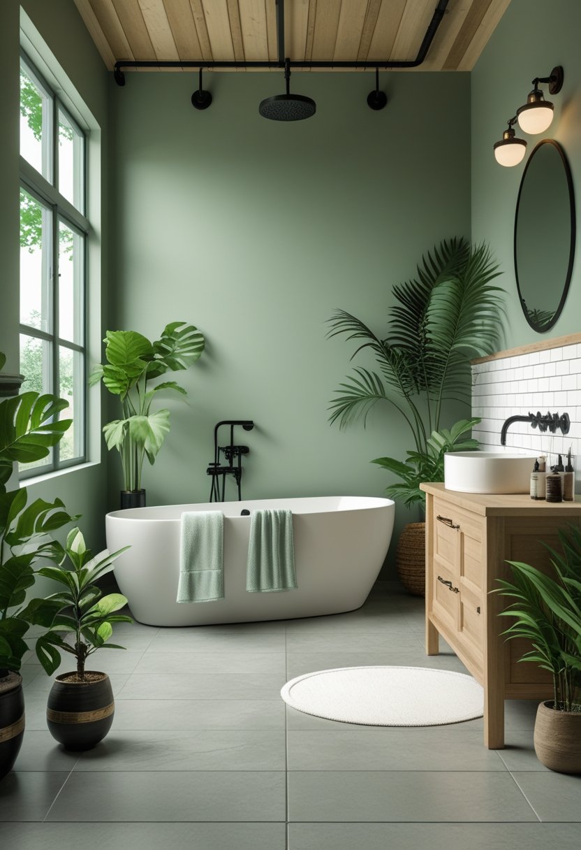 A bright bathroom with sage green walls, a white freestanding bathtub, wooden vanity, round mirror, black fixtures, and green plants.