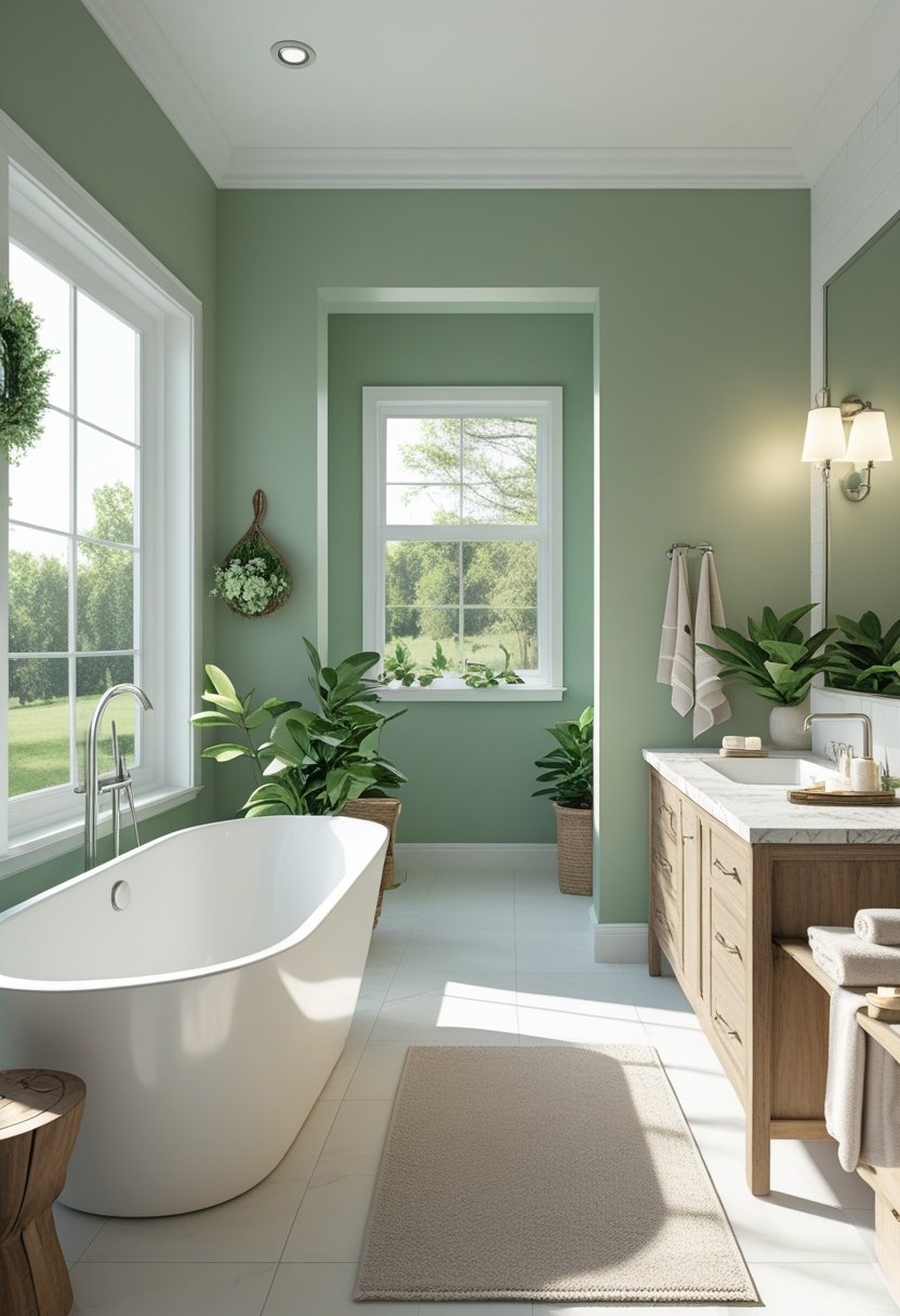 A bright bathroom with sage green walls, a white freestanding bathtub, wooden vanity, and potted plants, creating a calm and clean environment.