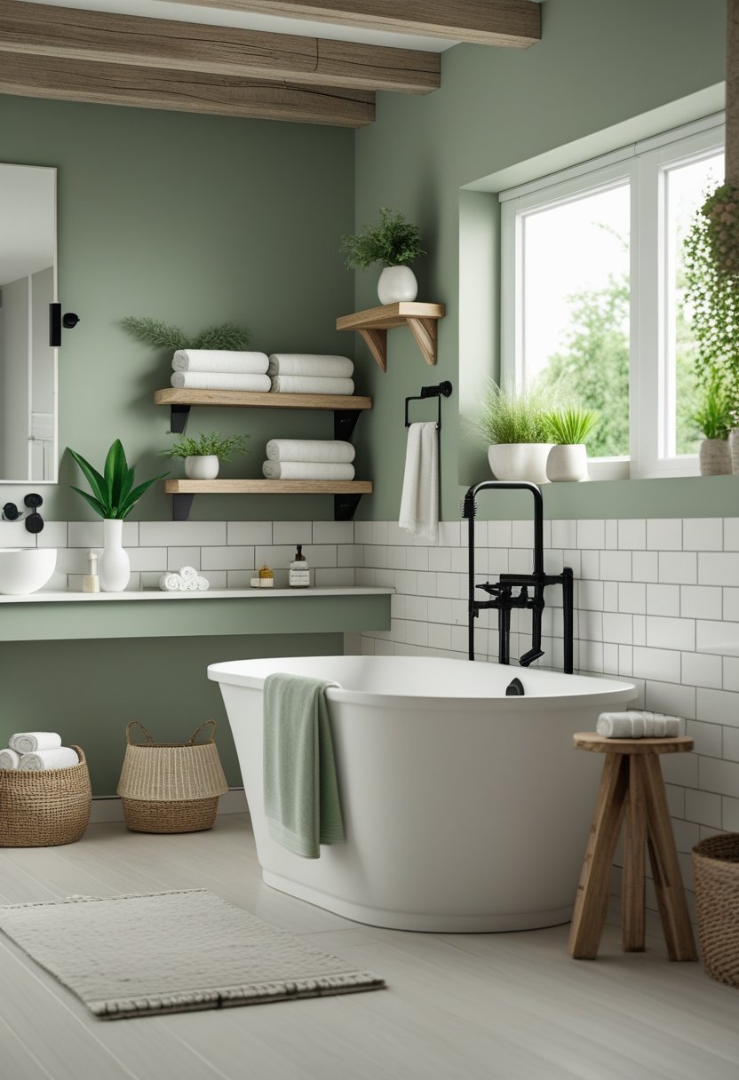 A peaceful bathroom with a freestanding bathtub, wooden shelves, green plants, and soft natural light.