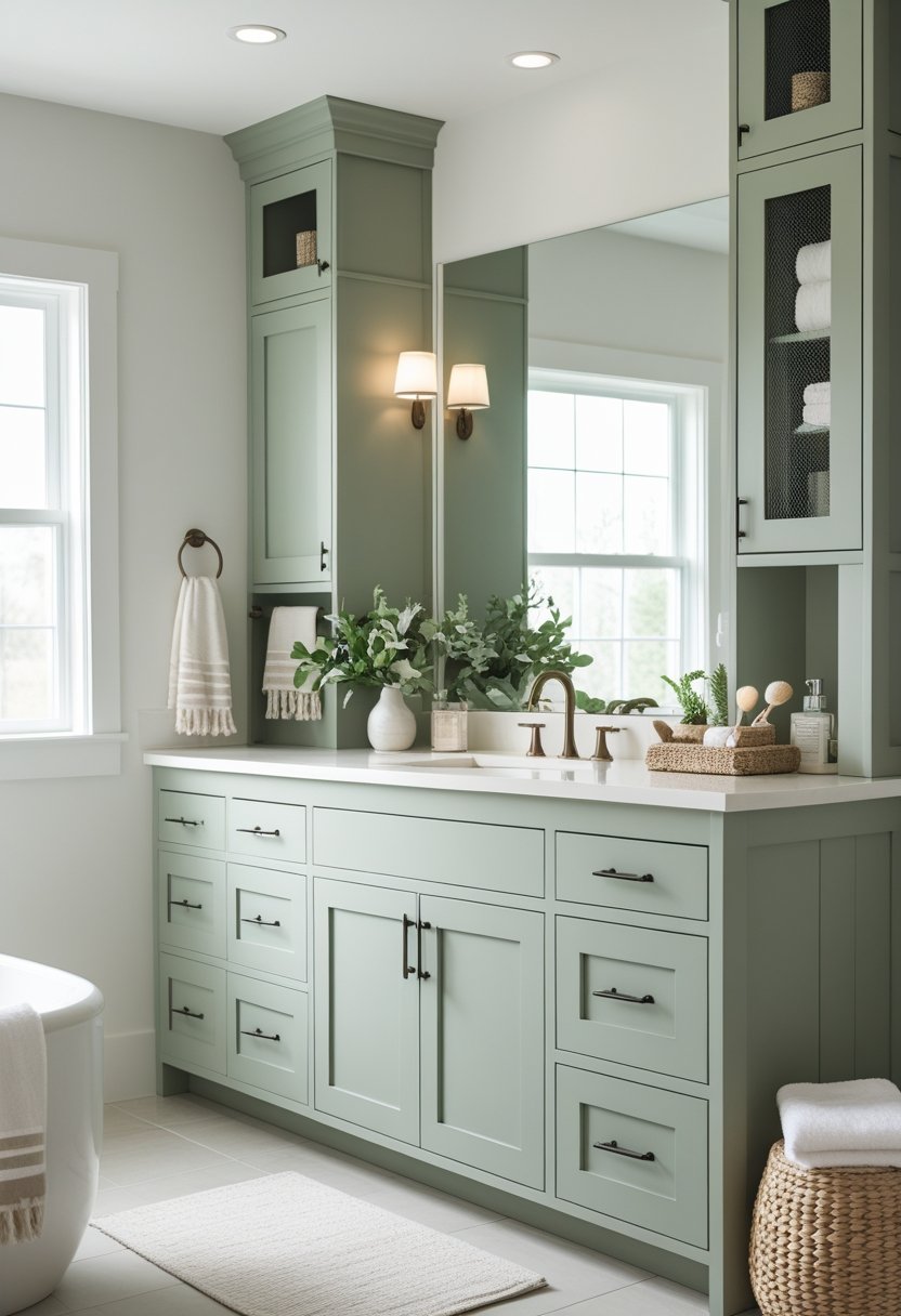 A bathroom with sage green cabinets, a white countertop, a large mirror, and natural light creating a calm and inviting atmosphere.