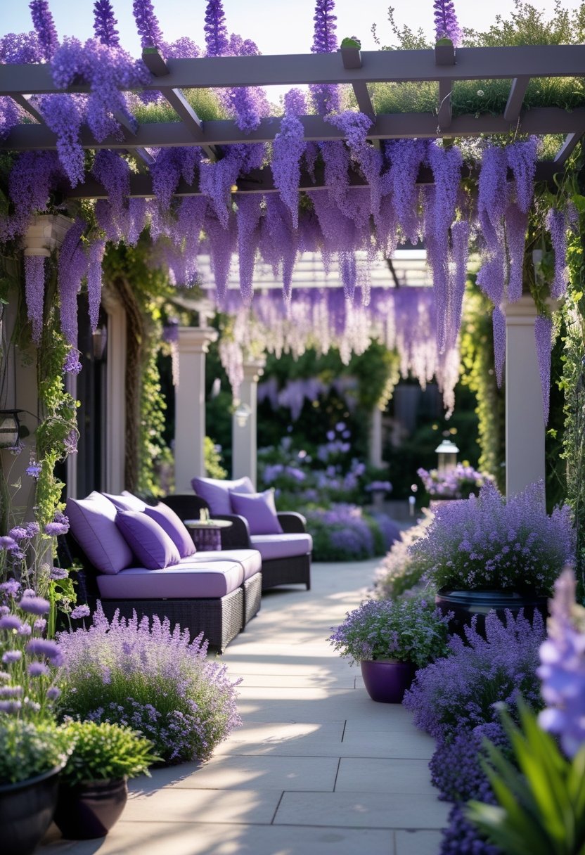 An outdoor patio with purple flowers and comfortable seating surrounded by lush greenery under soft sunlight.