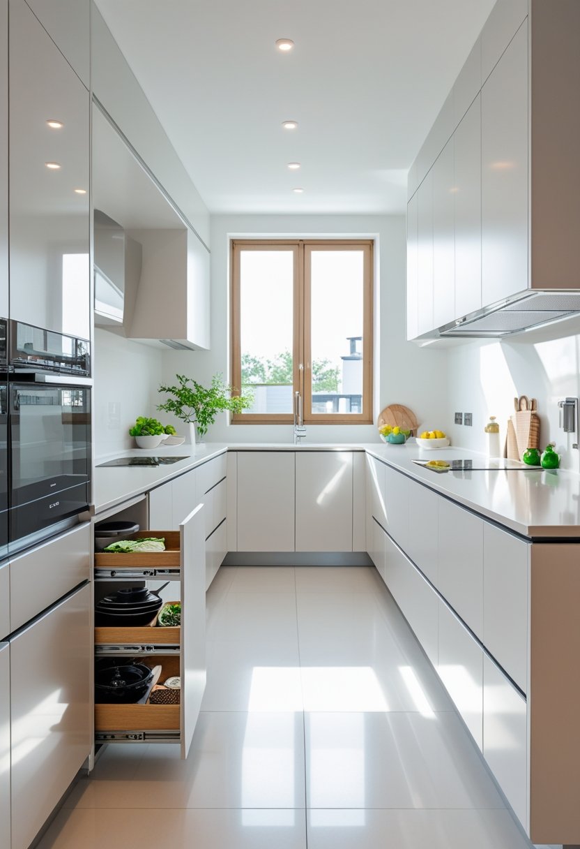 A modern kitchen with smart storage solutions, including pull-out drawers and integrated shelves, filled with natural light.