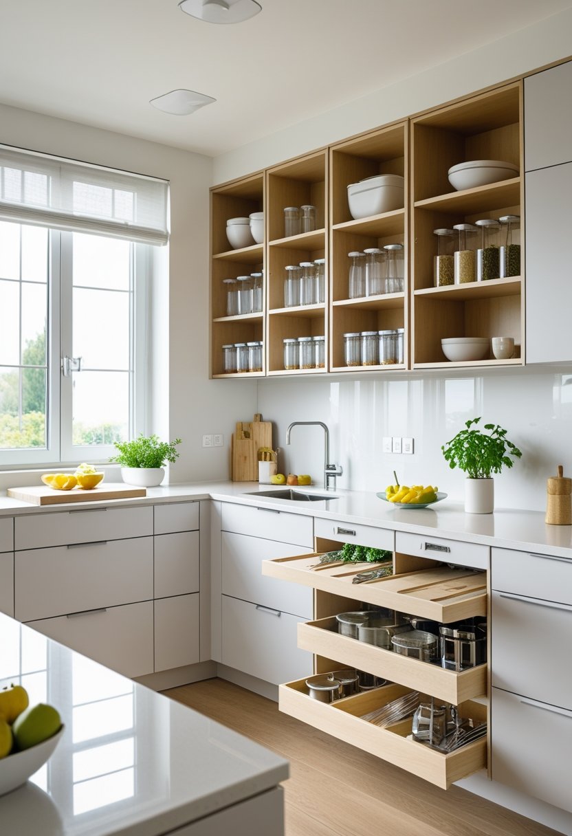 A modern kitchen with organized cabinets, pull-out shelves, clear containers, and a clean countertop with natural light.