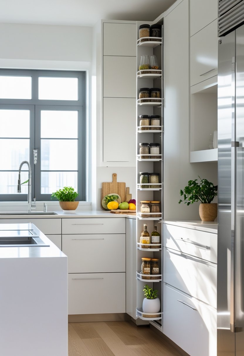 A modern kitchen with vertical storage shelves neatly organizing kitchen items, bright natural light, and clean countertops.