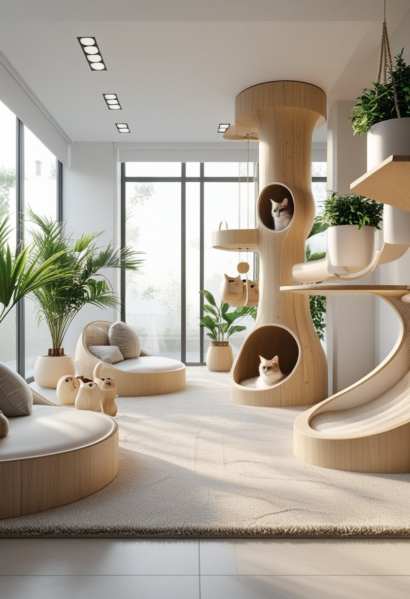 A bright room with cat trees, climbing shelves, cushions, and toys arranged for cats to play and rest.