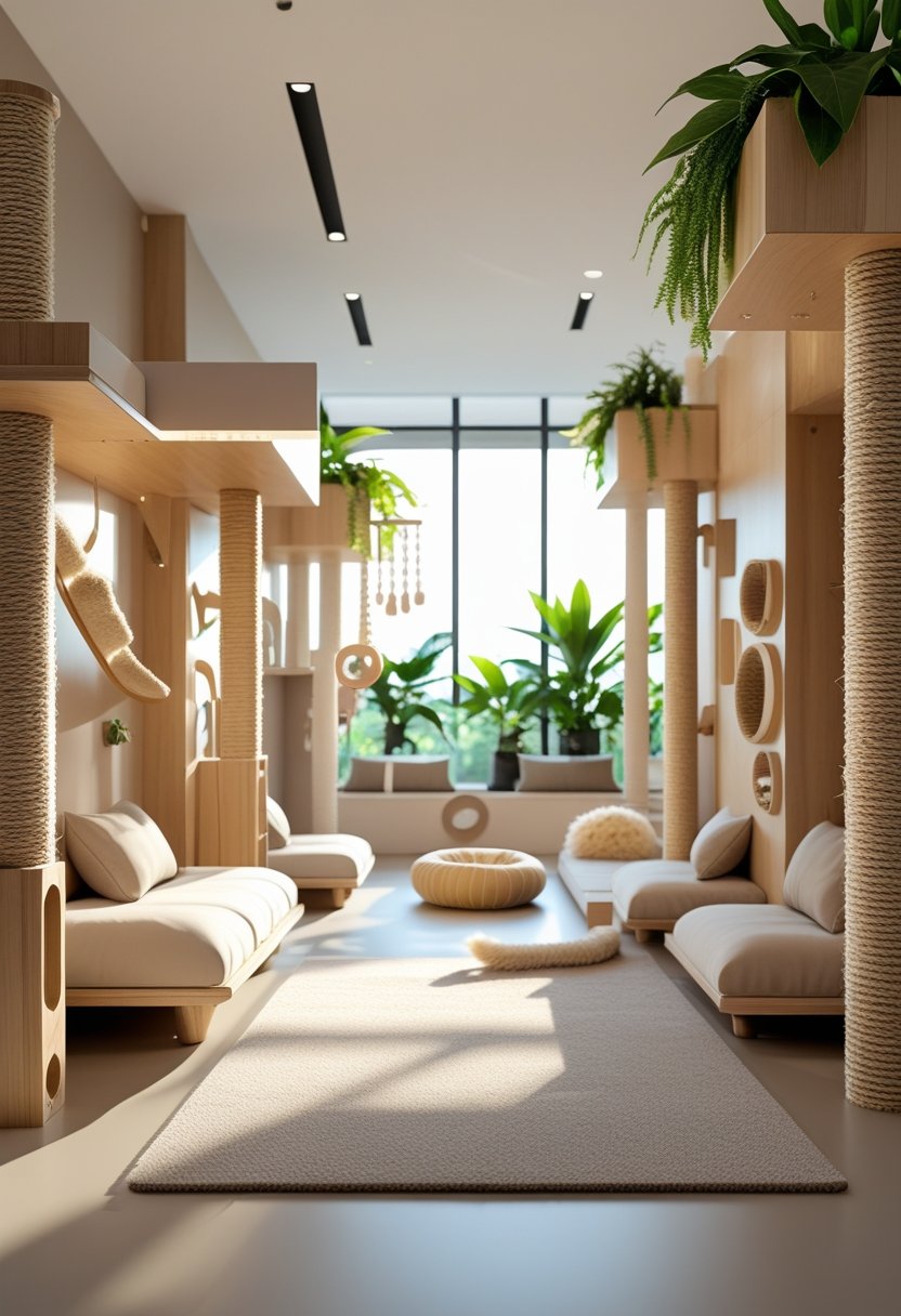 A bright and spacious cat playroom with climbing structures, scratching posts, toys, cushions, and plants.