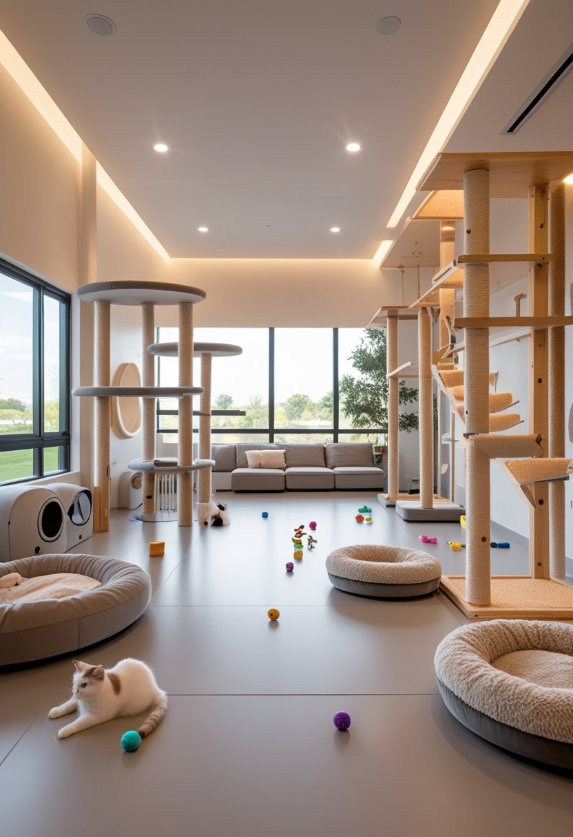 A bright, spacious room with cat climbing structures, soft beds, toys, and large windows letting in natural light.