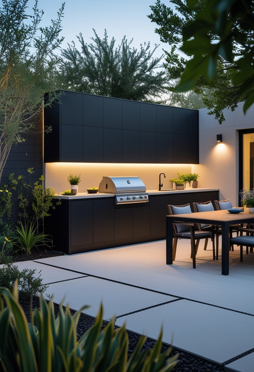 An outdoor kitchen and dining area with black cabinets, grill, wooden table, chairs, and surrounding greenery.