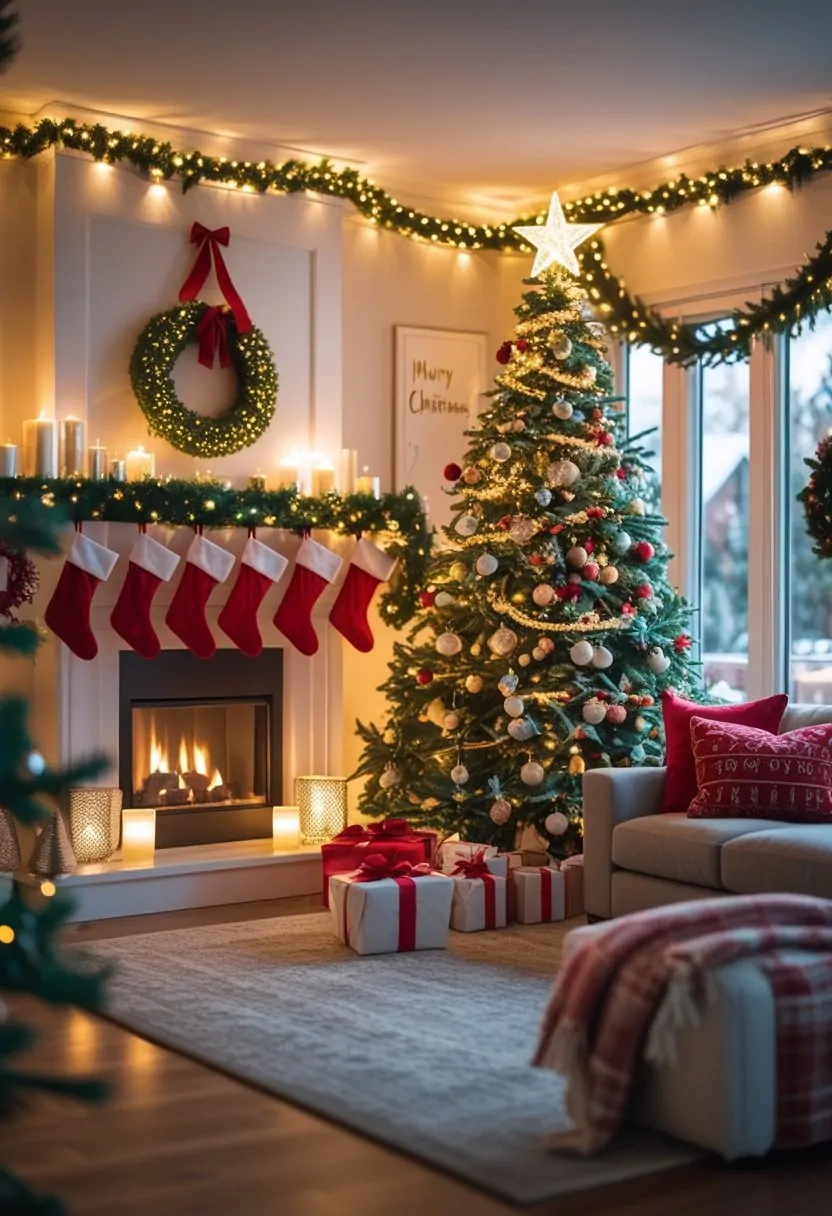 A cozy living room decorated for Christmas with a fireplace, a decorated Christmas tree, festive garlands, and wrapped presents.