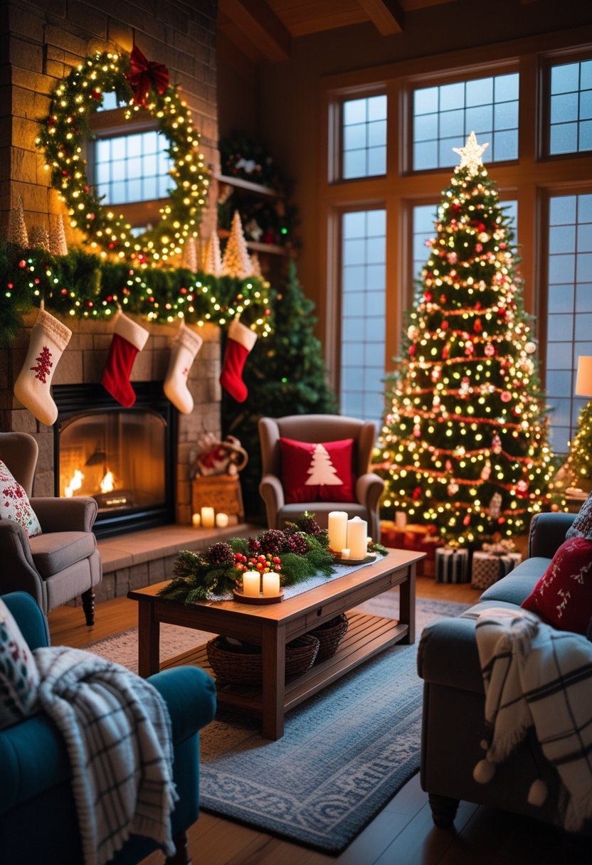A cozy living room decorated for Christmas with a lit fireplace, a decorated Christmas tree, and comfortable seating.